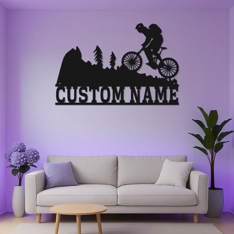 Custom Mountain Biker Sign | Personalized Cyclist LED Metal Wall Art | Outdoor Adventure Decor Gift for Bike Lovers
