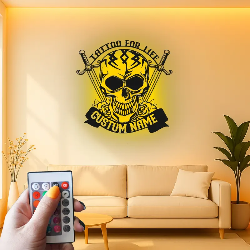 Personalized Skull & Swords LED Sign | Custom Tattoo Metal Wall Art | Gothic Home & Studio Decor | Unique Backlit Name Plaque