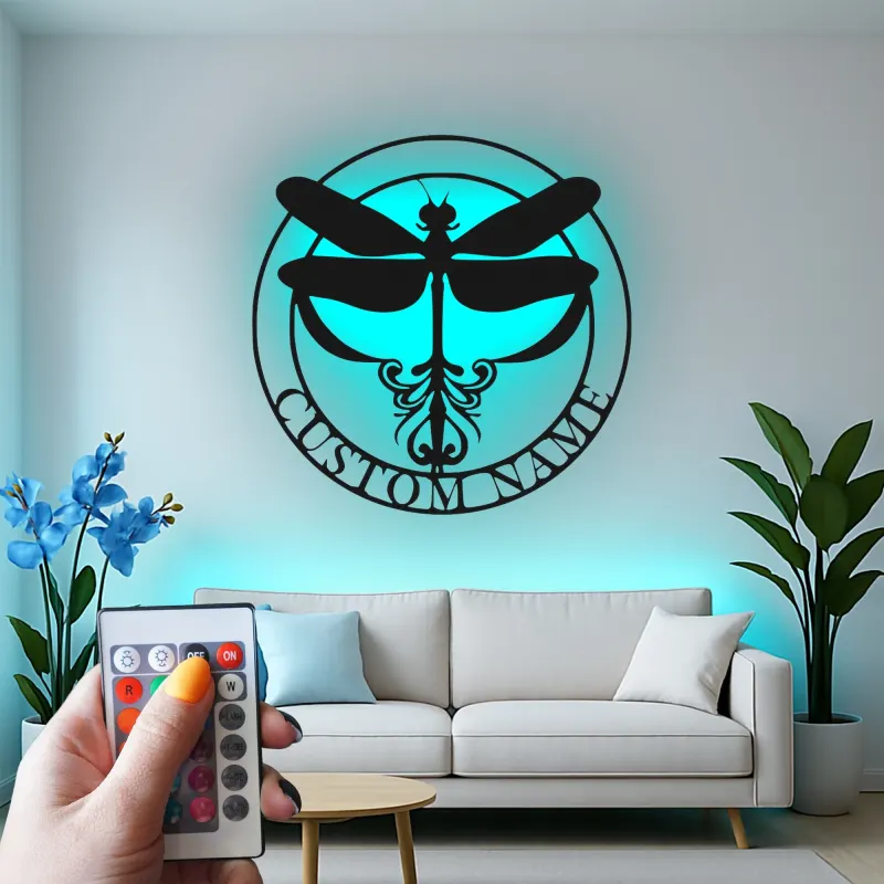 Cartel de metal personalizado con luz LED de libélula, regalo para amantes de la naturaleza, decoración para dormitorio o salón