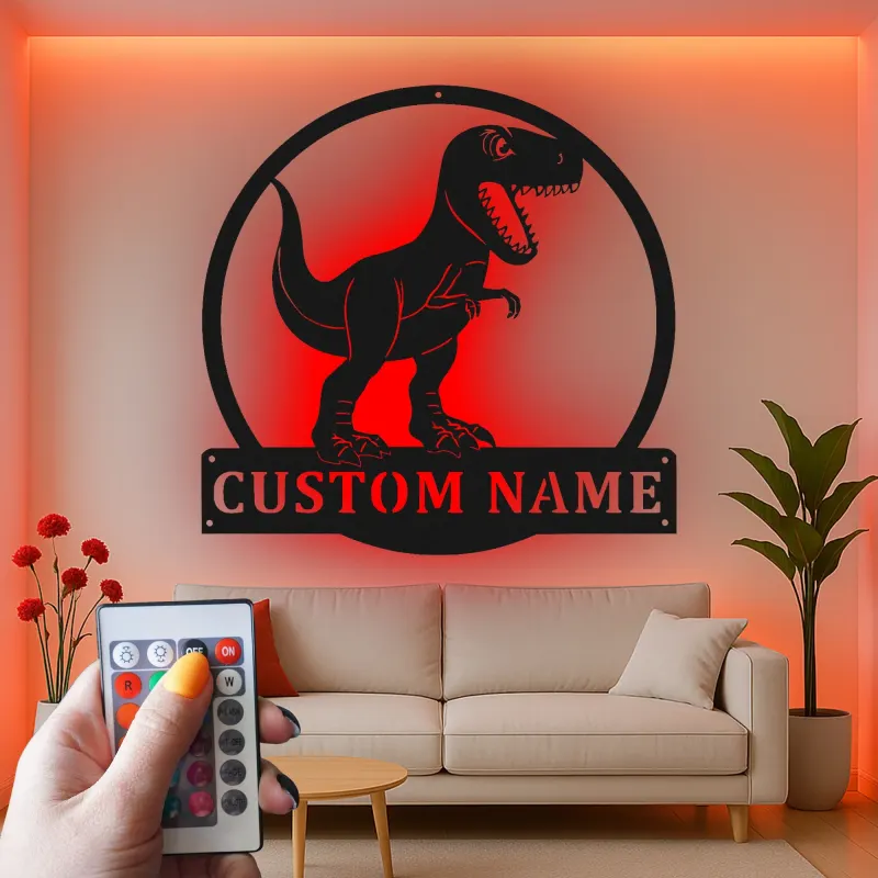 Cartel de metal personalizado de luz LED de dinosaurio T-Rex regalo personalizado para la habitación o sala de juegos de los niños 1