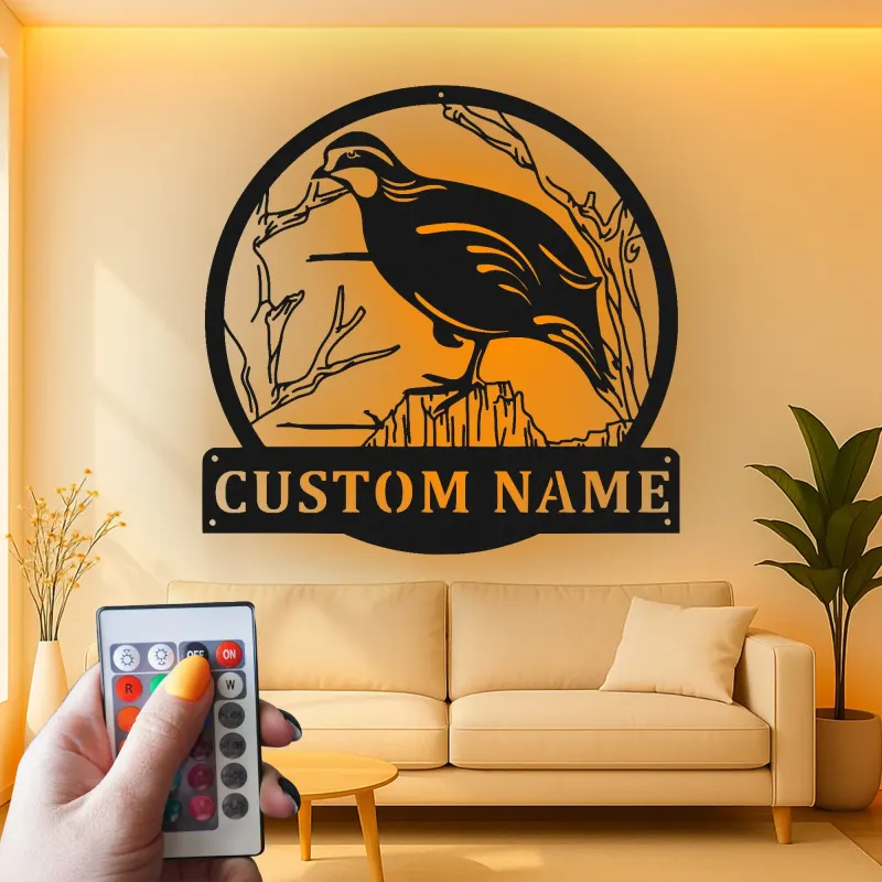 Cartel de metal personalizado de codorniz de California | Arte mural iluminado con LED de vida silvestre | Decoración personalizada para cabañas | Regalo rústico para el hogar