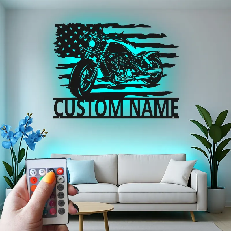 Custom Motorcycle Metal Sign | LED American Flag Wall Art | Personalized Biker Name Plate | Garage Decor for Men