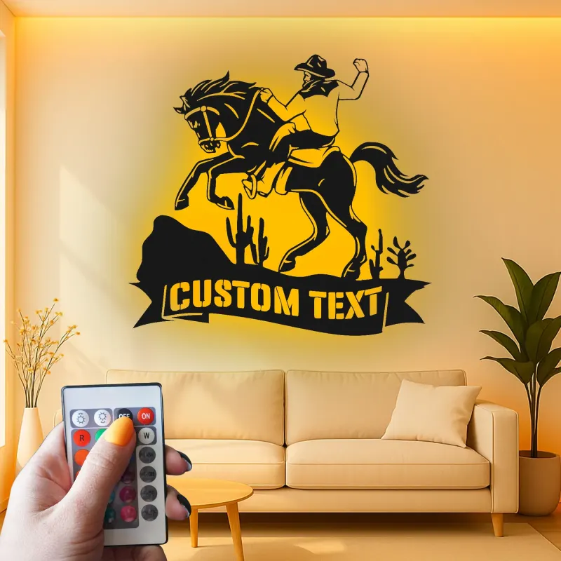 Décoration murale en métal personnalisée de cowboy sur cheval avec rétroéclairage - Cadeau western pour lui - Décor de ranch rustique