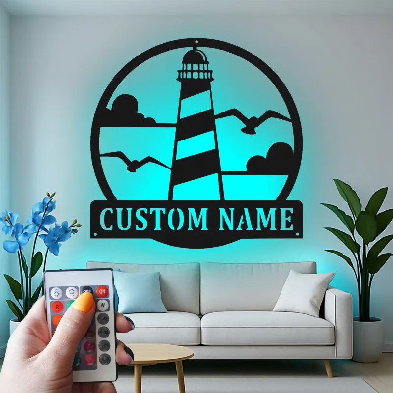 Décoration murale en métal personnalisée avec phare et rétroéclairage LED - Cadeau côtier, décoration nautique pour maison de plage