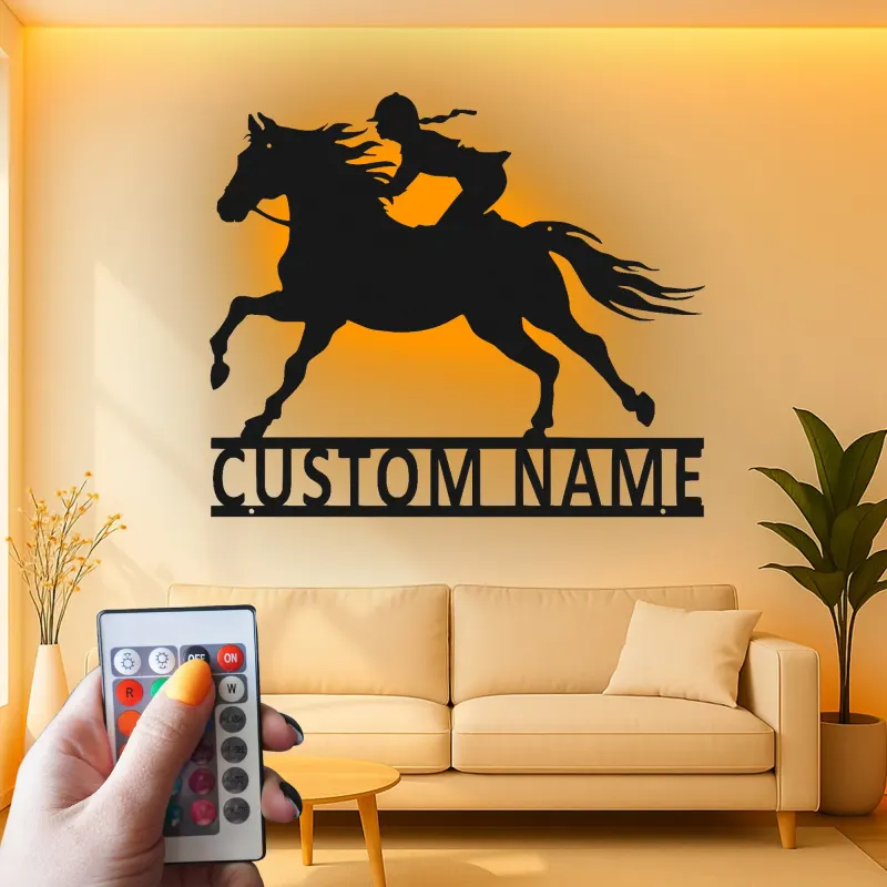 Panneau LED équestre personnalisé | Décoration murale en métal pour cavalière | Déco d’écurie & cadeau pour amoureuse des chevaux