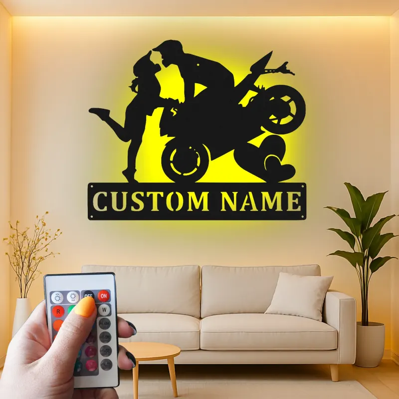 Panneau en métal moto personnalisé | Art LED pour couples de motards | Décoration murale romantique pour chambre et garage