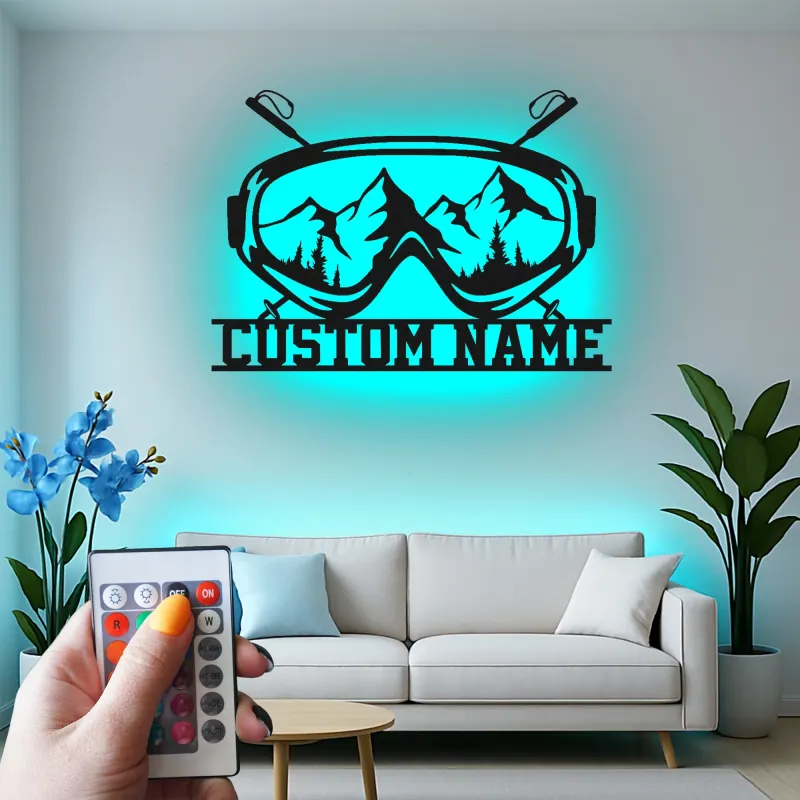 Personalisierte Ski-Goggle Metallkunst | Individuelles LED Bergschild | Winter-Sport Hütten-Dekoration | Geschenk für Skifahrer & Snowboarder