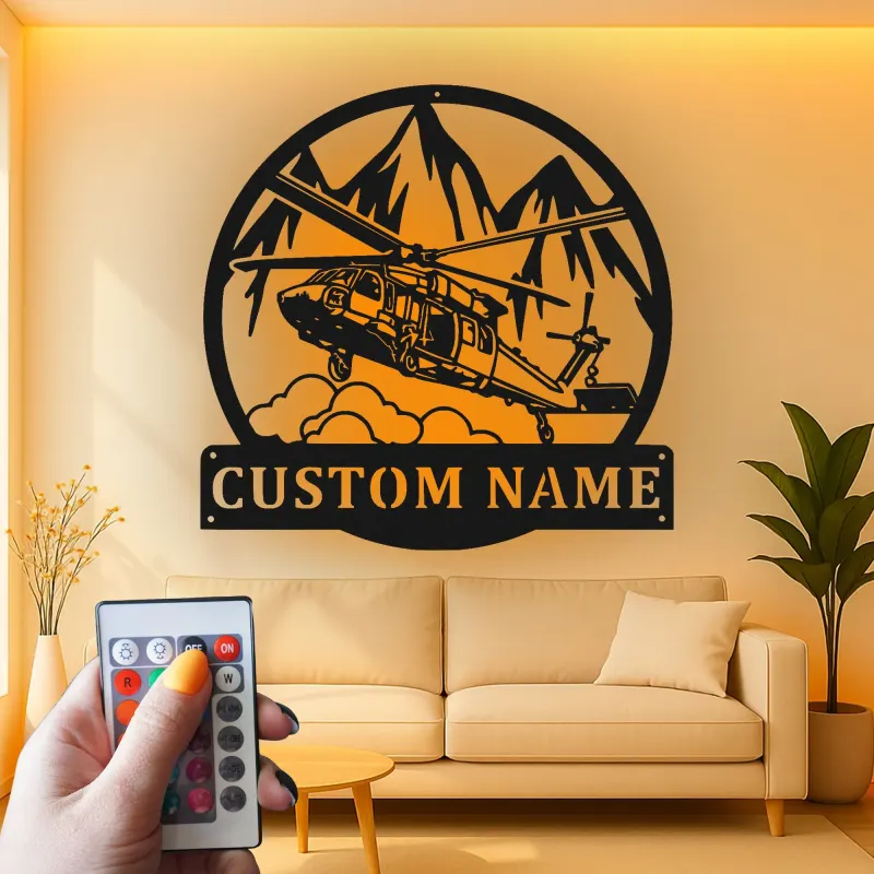 Cadeau pour pilote d’hélicoptère | Décoration murale en métal LED sur mesure | Décor aviation personnalisé pour repaire d’homme et bureau