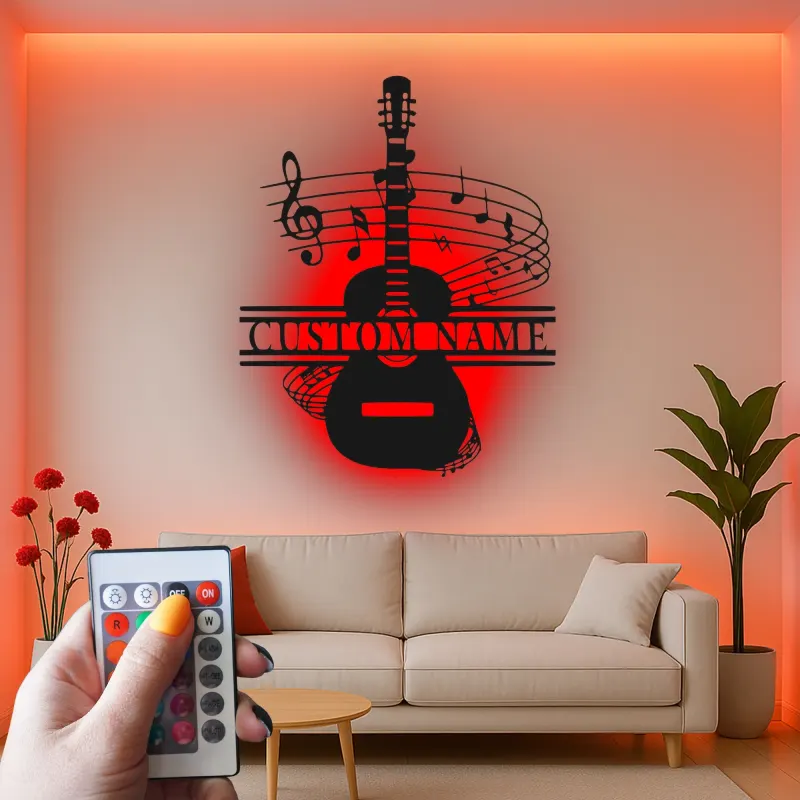 Panneau prénom guitare personnalisé | Décoration murale en métal sur mesure avec LED | Décor studio de musique | Cadeau pour musicien
