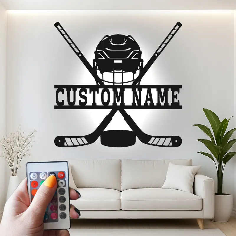 Enseigne personnalisée de hockey | Décoration murale LED en métal | Déco personnalisée pour joueur, salle de jeux | Cadeau fan de sport
