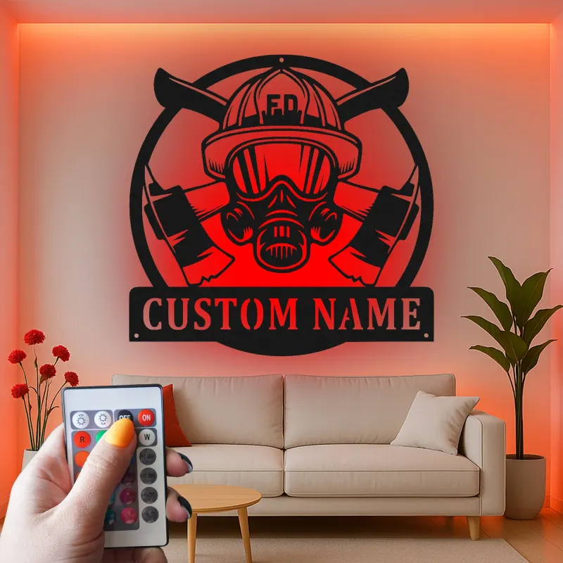 Personalized Firefighter Sign | Custom LED Metal Wall Art | Fireman Helmet Decor for Firehouse & Home | Hero Gift