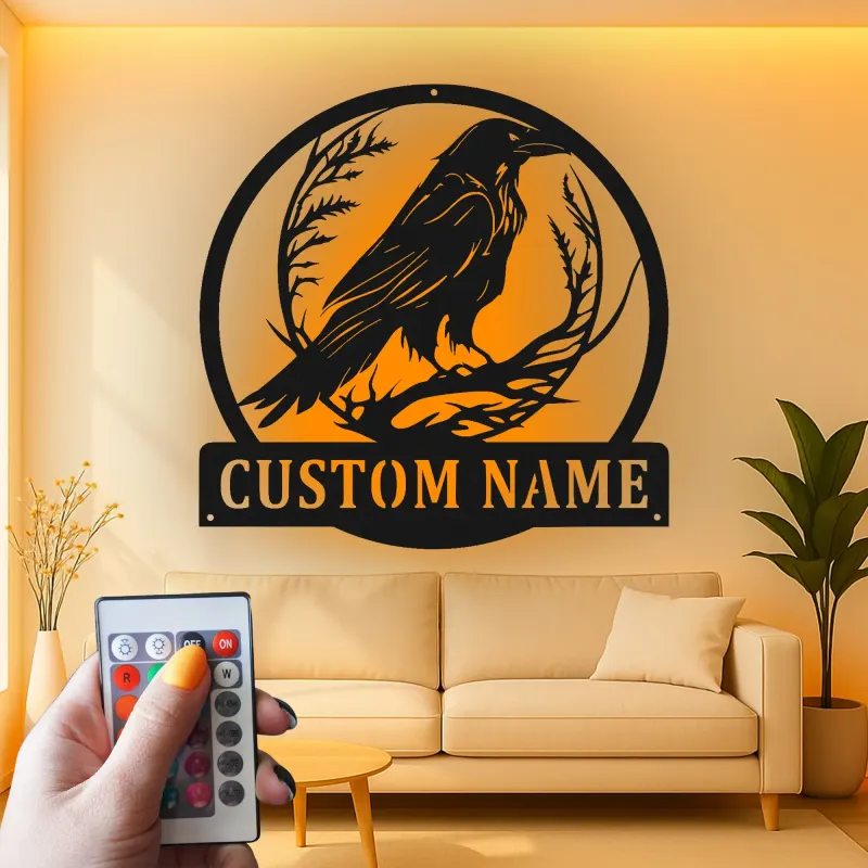 Personalisierte LED-Raben-Schild | Individuelle Gothic-Vogel-Metall-Wandkunst | Geschenk für Naturfreunde für Zuhause oder Büro