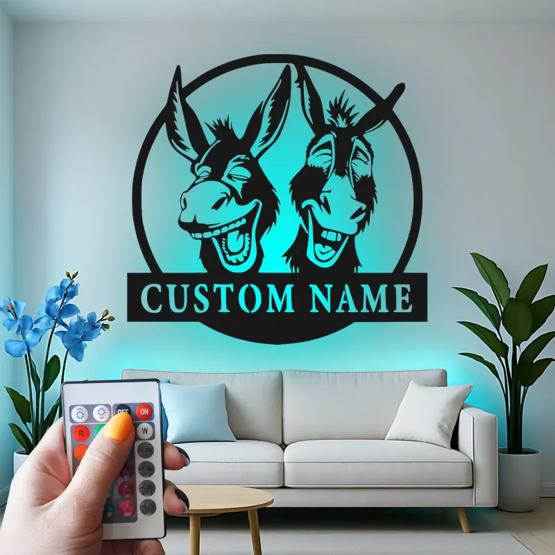Insegna in metallo LED Donkey Duo personalizzata regalo per amanti degli animali decorazione rustica