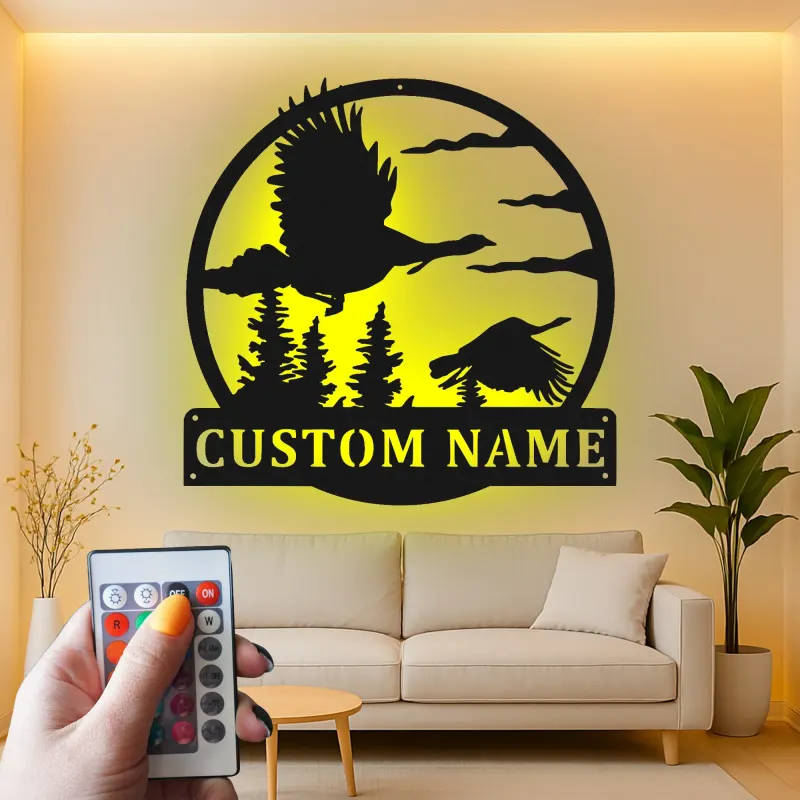 Insegna LED in metallo per caccia alle anatre personalizzata | Regalo per cacciatore personalizzato | Decor rustico per parete di baita | Arte per man cave