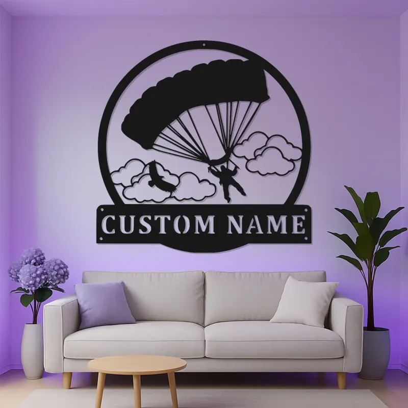 Panneau LED Personnalisé de Parachutiste | Décoration Murale en Métal Personnalisée | Décoration Sportive Aventure | Plaque Nom Rétroéclairée pour Aviateur