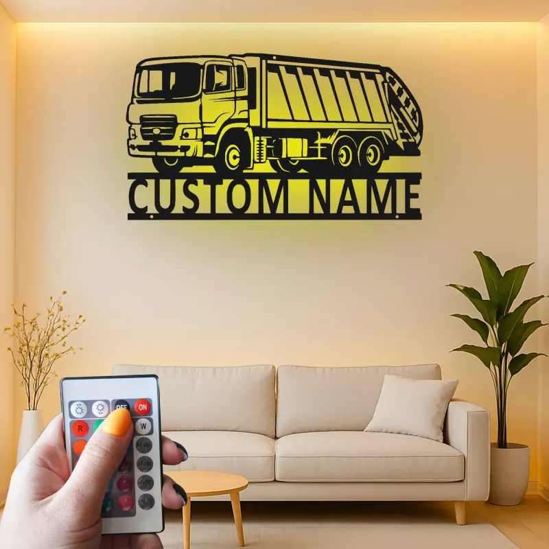Insegna LED personalizzata con camion della spazzatura | Arte murale in metallo su misura | Arredo per gestione rifiuti | Regalo per operatore ecologico