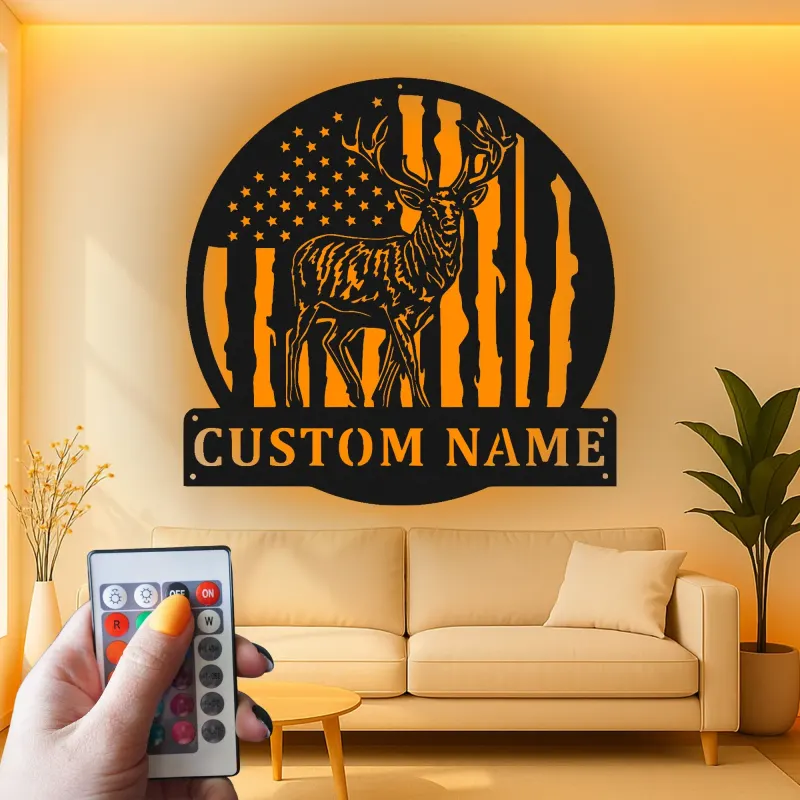 Décoration murale en métal personnalisée avec cerf et drapeau américain, éclairage LED, cadeau personnalisé pour chasseurs, décoration de cabane rustique 4