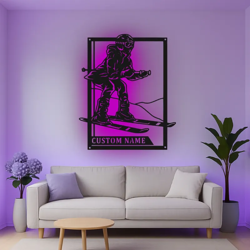 Custom Skier Led Light Metal Wall Art Personalized Gift for Ski Enthusiasts Winter Sports Decor for Game Room
