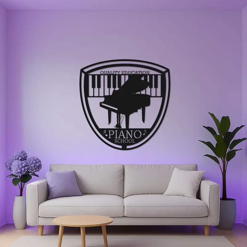 Insegna LED in metallo con pianoforte a coda | Logo personalizzato per scuola di musica | Arte da parete vintage per arredo studio