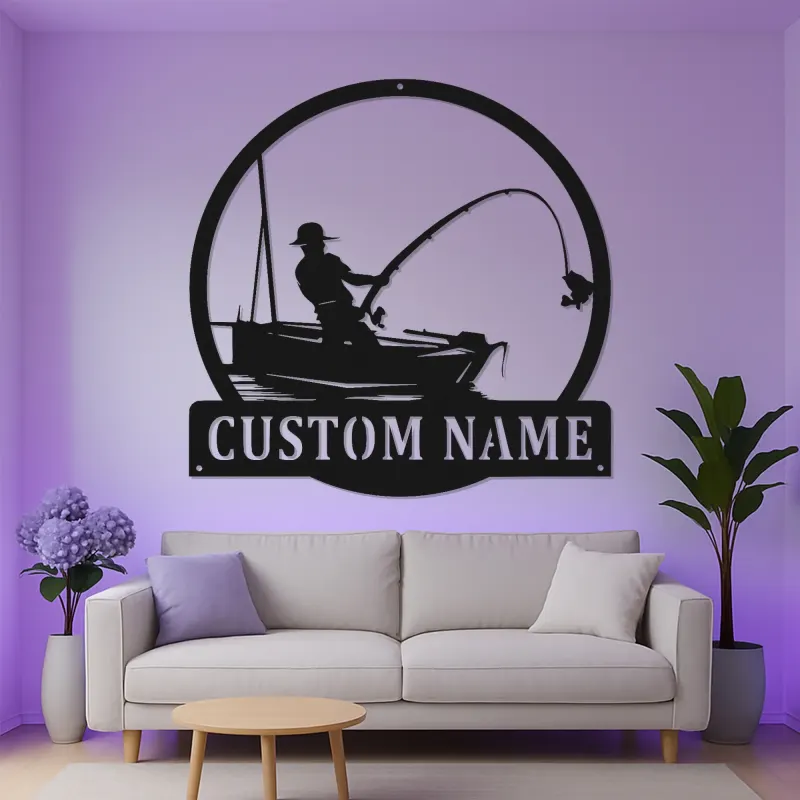 Insegna da pesca personalizzata con LED | Insegna in metallo personalizzata con pescatore | Decorazione per casa al lago e regalo per pescatori