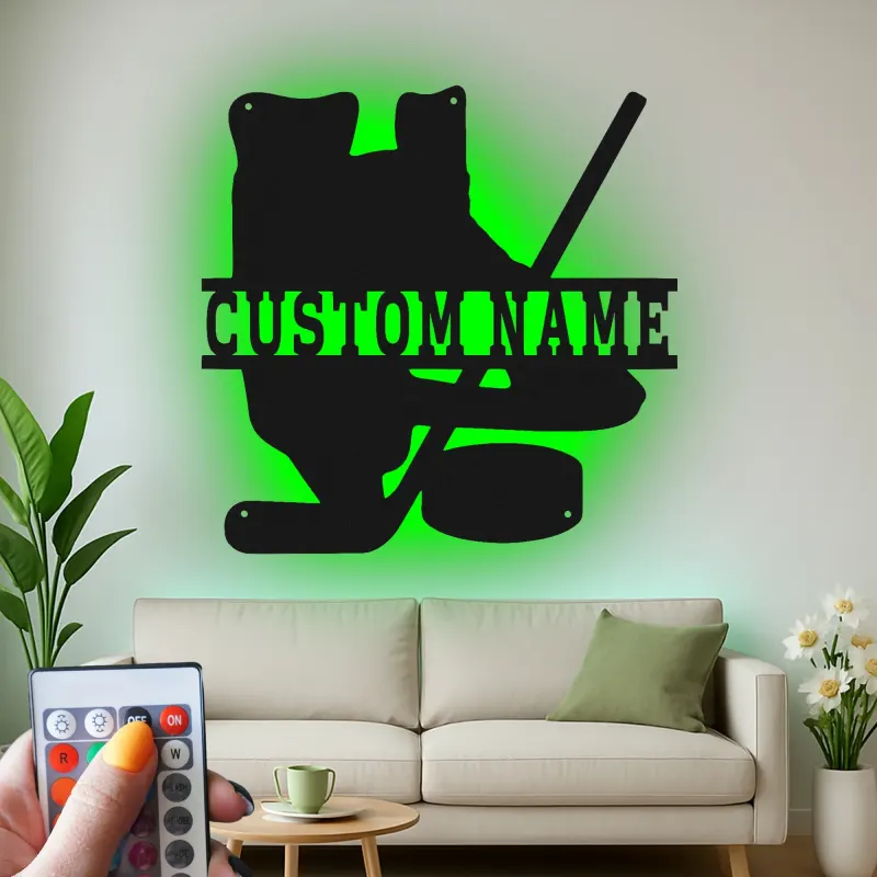 Cartel LED de hockey personalizado | Decoración mural de metal a medida para habitación de jugador | Regalo para aficionado al hockey sobre hielo | Decoración para cueva del hombre