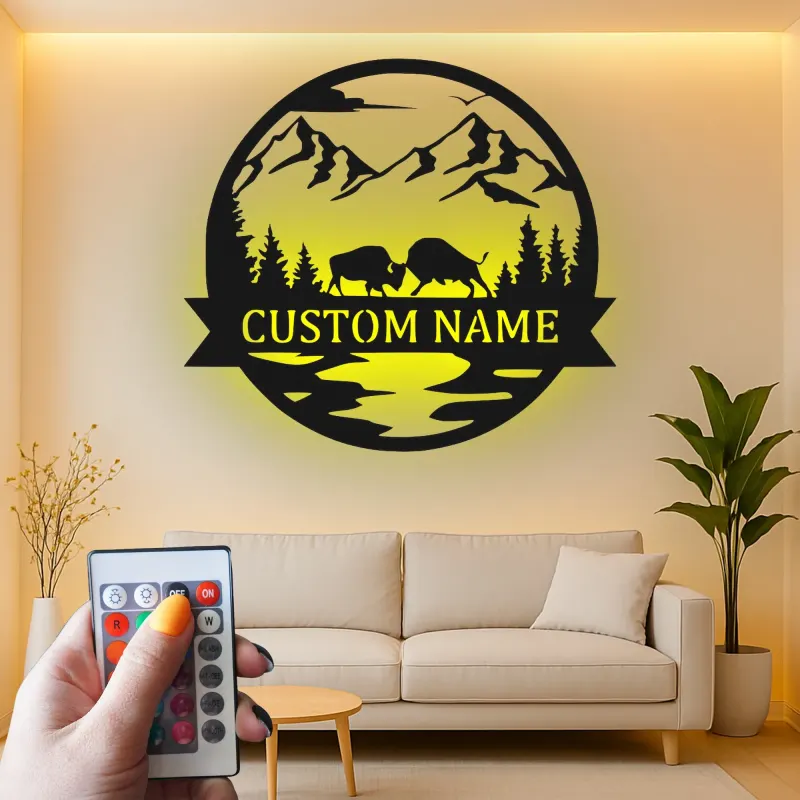 Cartel de metal personalizado con escena de montaña y bisonte iluminado LED, regalo para amantes de la naturaleza, decoración para cabañas o lodges