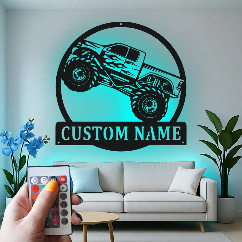 Personalisierte Monstertruck Metall-Schild | LED Licht Wandkunst | Männerzimmer-Dekoration & Geschenk für das Kinderzimmer | Offroad-Fahrzeug-Kunst