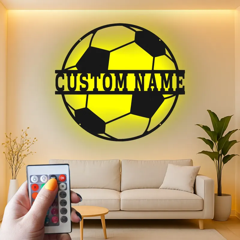 Personalisiertes Fußball-Metallschild | LED-beleuchtete Wandkunst | Individuelle Namensdekoration für Spieler, Trainer oder Mannschaftsraum