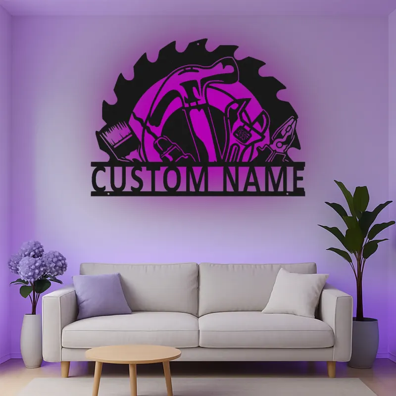 Custom Tool Set Led Light Metal Wall Art Personalized Gift for Handyman Garage Workshop Decor 4