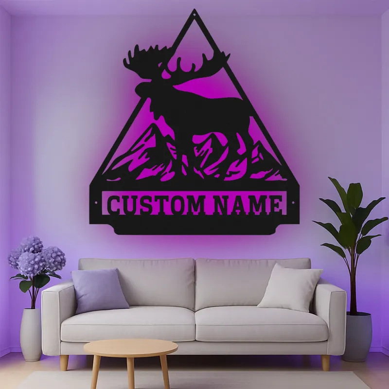 Custom Moose Mountain Led Light Metal Wall Art Personalized Cabin Gift Rustic Lodge Decor