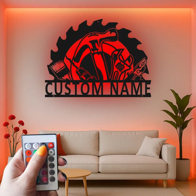 Custom Tool Set Led Light Metal Wall Art Personalized Gift for Handyman Garage Workshop Decor 4