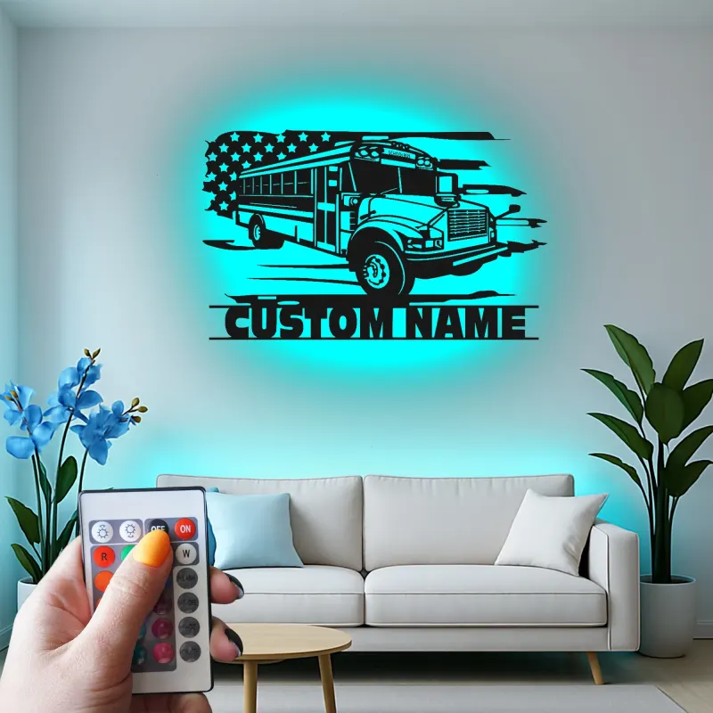 Custom School Bus LED Sign | Metal Wall Art | Personalized Driver Gift | Patriotic Classroom Decor