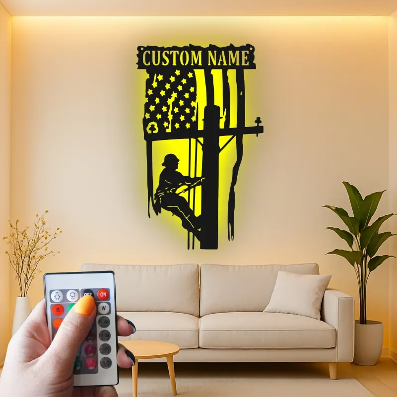 Custom Lineman Metal Sign | Personalized American Flag LED Art | Patriotic Electrician Gift | Utility Worker Wall Decor