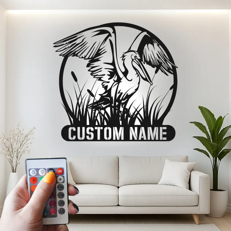 Insegna in Metallo Pellicano Personalizzata | Arte Murale LED Costiera per la Casa | Regalo per Amanti degli Uccelli | Decorazione per Casa al Mare