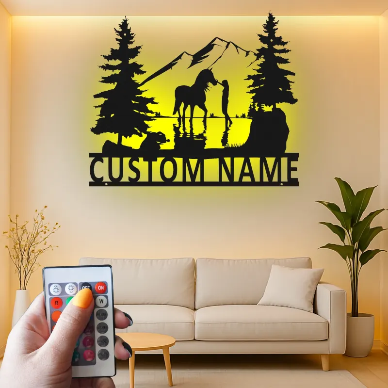 Arte mural de metal personalizado con caballo | Cartel LED ecuestre a medida | Decoración rústica de casa de campo | Regalo para amantes de los caballos