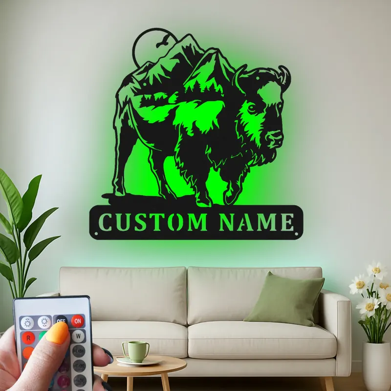Custom Bison Mountain Led Light Metal Wall Art Personalized Rustic Gift for Nature Lovers Cabin or Lodge Decor