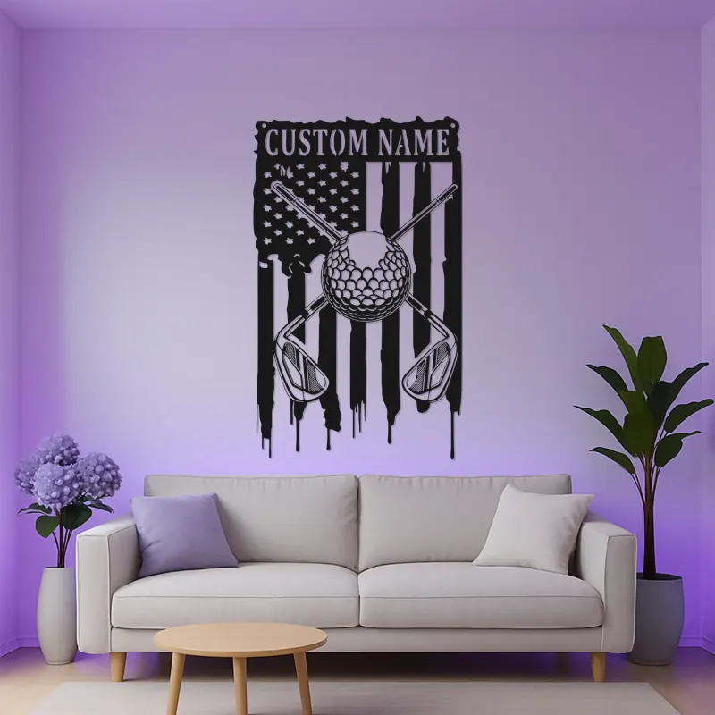 Enseigne de golf personnalisée pour man cave | Décoration murale en métal sur mesure avec LED | Cadeau patriote pour golfeur