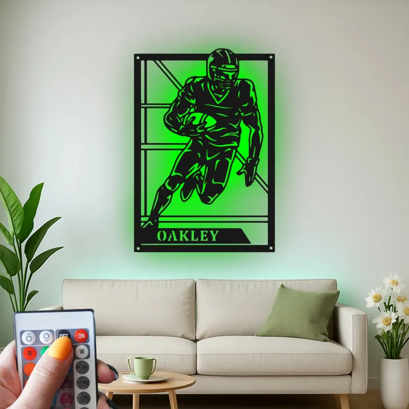 Panneau personnalisé de joueur de football américain | Décoration murale en métal LED | Décor avec prénom personnalisé pour salle de jeux | Cadeau pour sportif