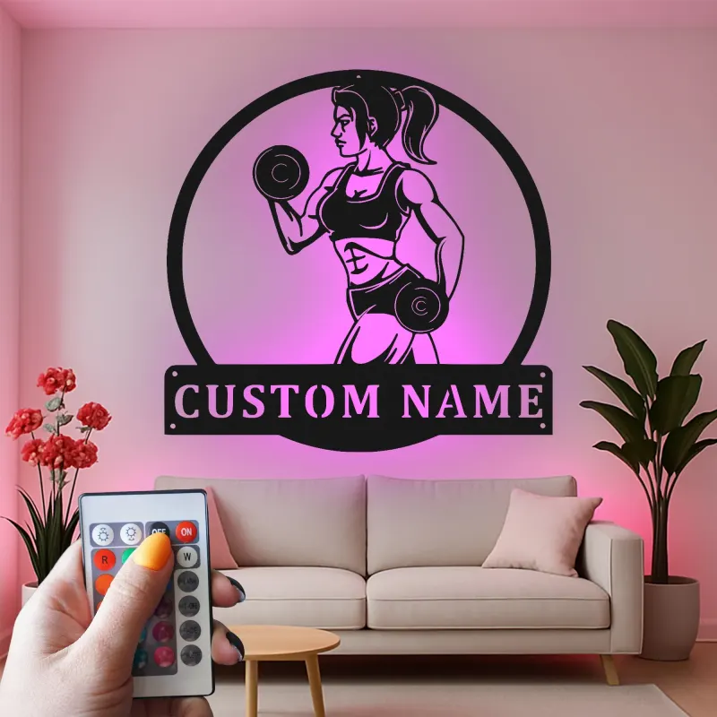 Cartel LED personalizado de chica fitness | Arte de metal con nombre personalizado para gimnasio en casa | Decoración de sala de entrenamiento | Regalo motivacional para ella