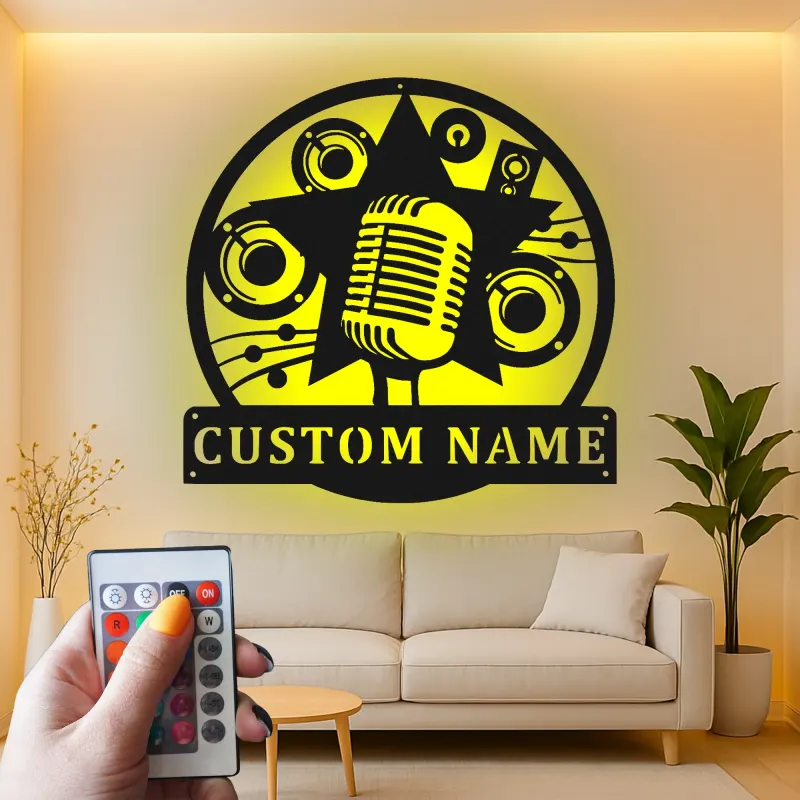 Cartel LED Personalizado de Micrófono | Arte Mural de Metal para Decoración de Estudio de Música | Placa de Nombre Personalizada para Músicos y Cantantes