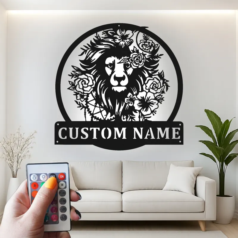 Cartel de león personalizado de metal | Arte mural LED personalizado para salón y hogar | Regalo de decoración de vida salvaje boho
