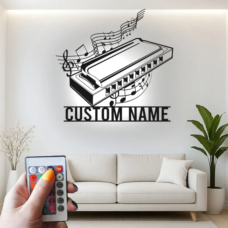 Personalisiertes Harmonica LED-Schild | Metall Musiker Wandkunst | Individuelle Musikzimmer Dekoration | Geschenk für Bluesliebhaber