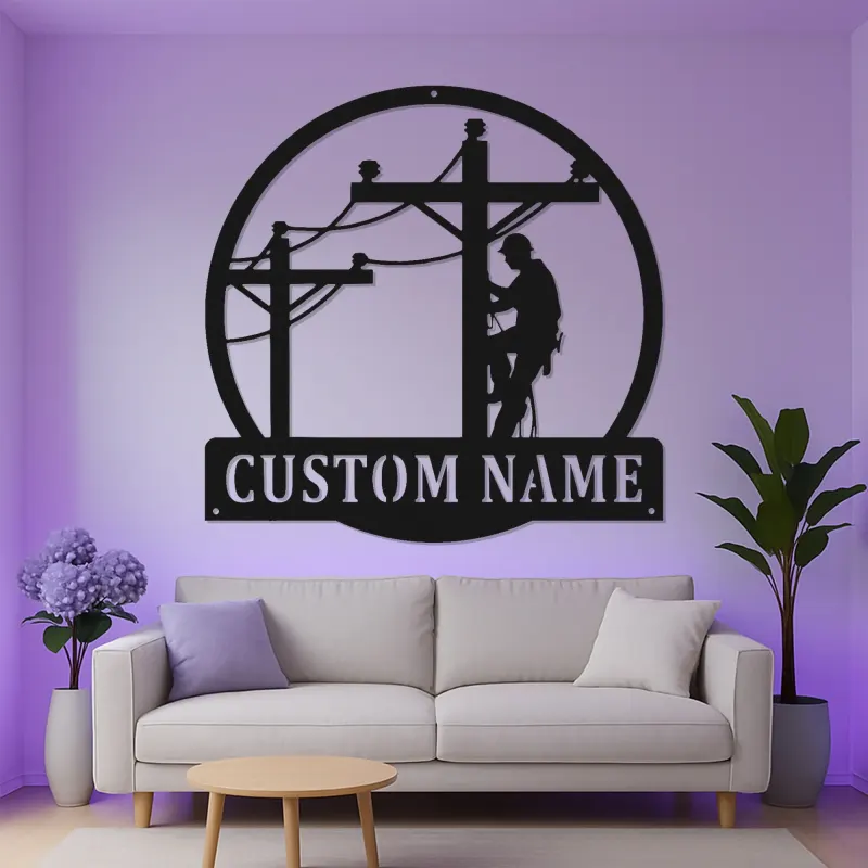 Arte Murale in Metallo Personalizzata per Lineman | Insegna Elettricista LED | Regalo con Nome Personalizzato per Lavoratore di Power Line | Decorazione per Garage e Laboratorio per Lui