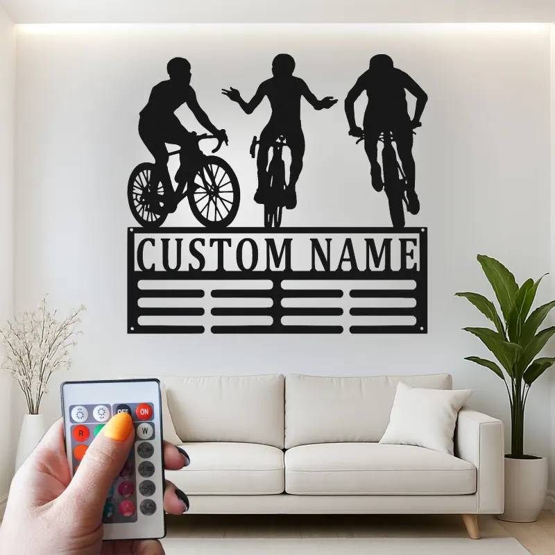 Insegna in metallo personalizzata con luce LED Trio Ciclisti Regalo per appassionati di bici Decorazione per garage o man cave