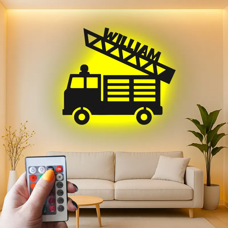 Personalized Fire Truck Name Sign | LED Metal Wall Art for Boys Room | Custom Kids Decor | Nursery Night Light