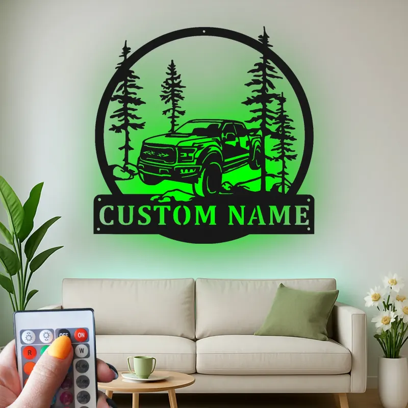 Décoration murale en métal personnalisée avec camion tout-terrain et rétroéclairage LED - Cadeau personnalisé pour passionnés de camions, décor de garage ou de man cave