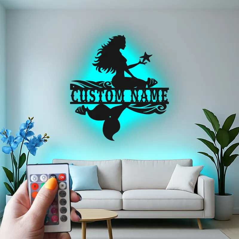 Panneau de sirène personnalisé | Lumière LED personnalisée | Décoration murale en métal pour chambre de fille | Décor de nursery nautique