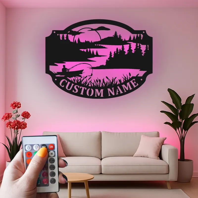 Personalized Fishing Sign with LED Lights | Custom Name Metal Wall Art | Fisherman Lake House & Cabin Decor | Outdoor Lover Gift