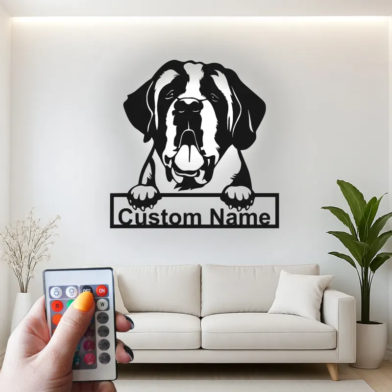 Insegna LED San Bernardo Personalizzata | Ritratto in Metallo per Animali Domestici | Arte da Parete per Amanti dei Cani
