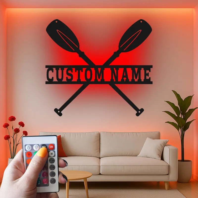 Cartel LED de remos de kayak personalizado | Decoración de casa de lago personalizada | Arte mural de remos cruzados | Regalo de aventura al aire libre